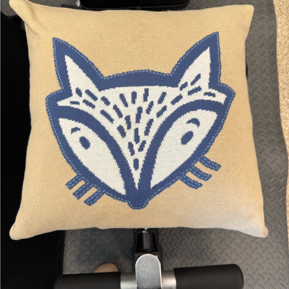 Serena and Lily - baby and kids Tan Pillow with Blue and White Fox Design